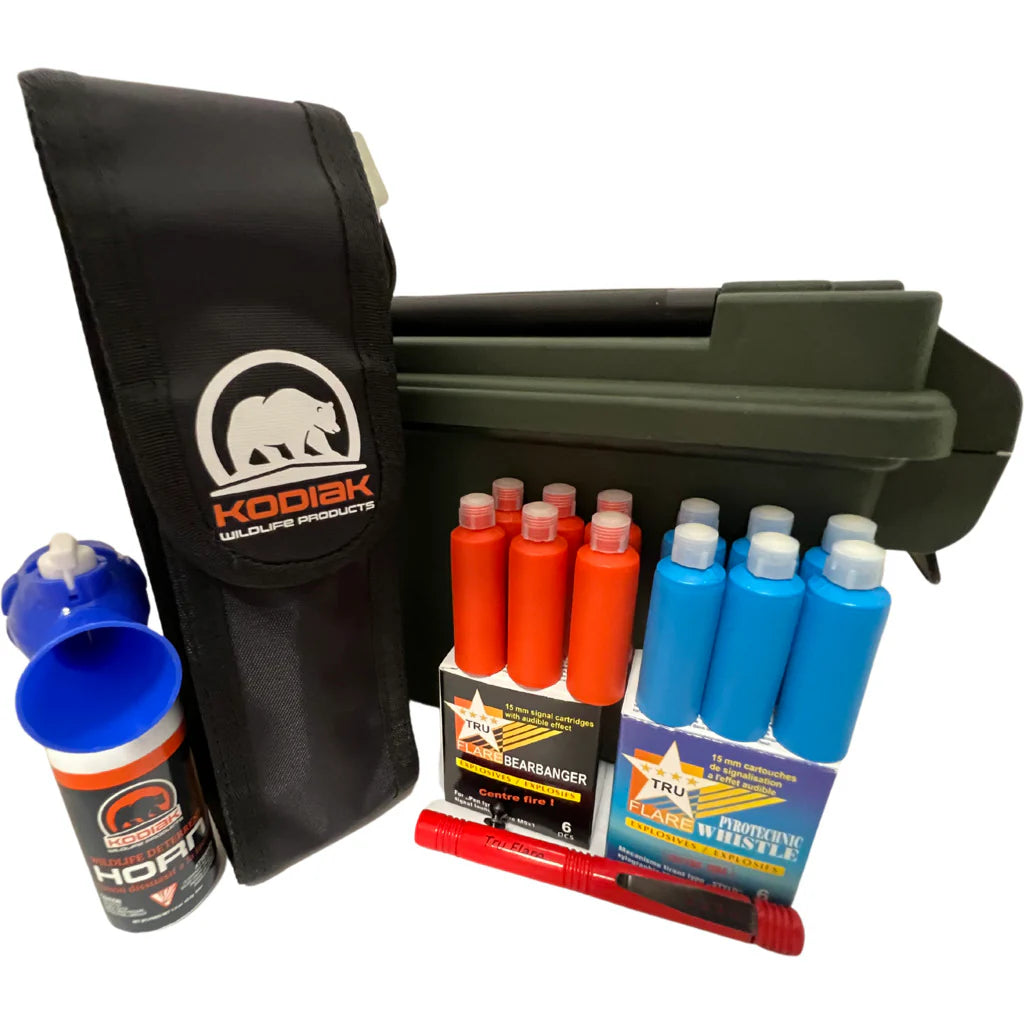 Kodiak Water Resistant Professional Hard Shell Bear Safety Kit (Bear Spray, 6 bangers, 6 flares, launcher, air horn, holster, hard waterproof case) - KBM Outdoors