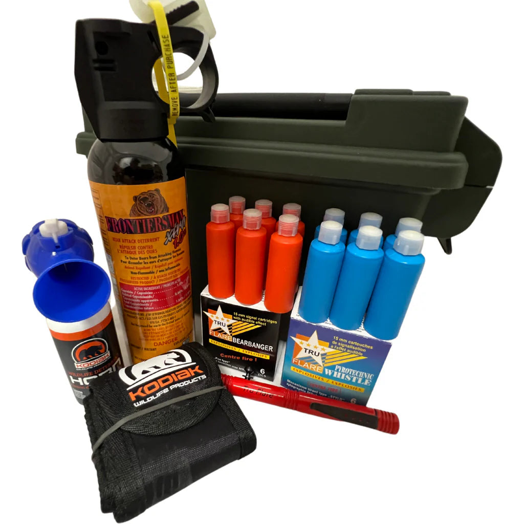 Kodiak Water Resistant Professional Hard Shell Bear Safety Kit (Bear Spray, 6 bangers, 6 flares, launcher, air horn, holster, hard waterproof case) - KBM Outdoors