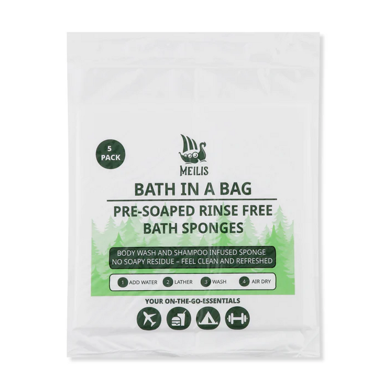 Meilis Bath in a Bag Rinse Free Bath Sponges 5 Pack - KBM Outdoors