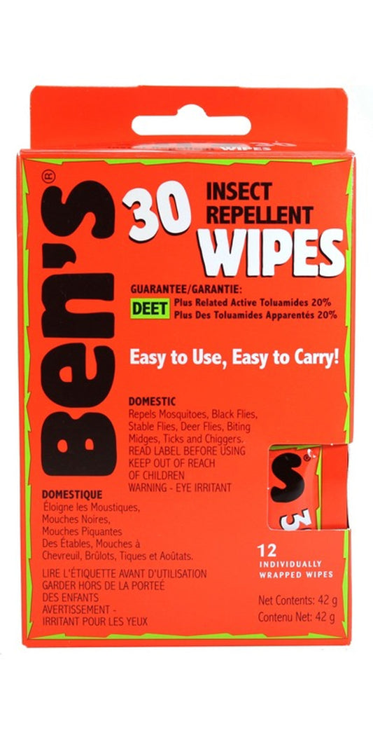 Ben's Tick & Insect Repellent 30% Deet Wipes (12 wipes)