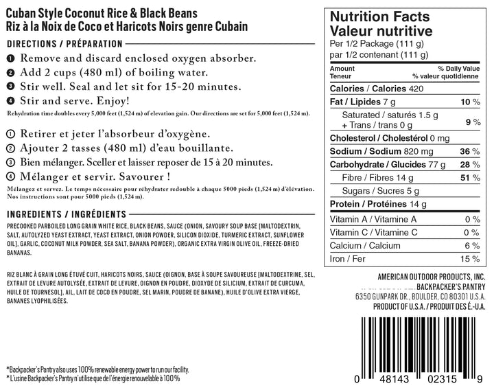 BackPackers Pantry - Cuban Style Coconut Black beans & Rice - KBM Outdoors