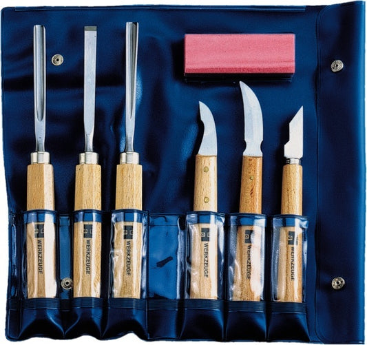 MHG Set of Wood Carving Knives, Chisels, Whetstone and Honing Oil in Plastic Pouch (1700.35-1)