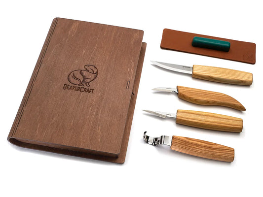 BeaverCraft Carving Knives Set of Four in a Book Case (S09)