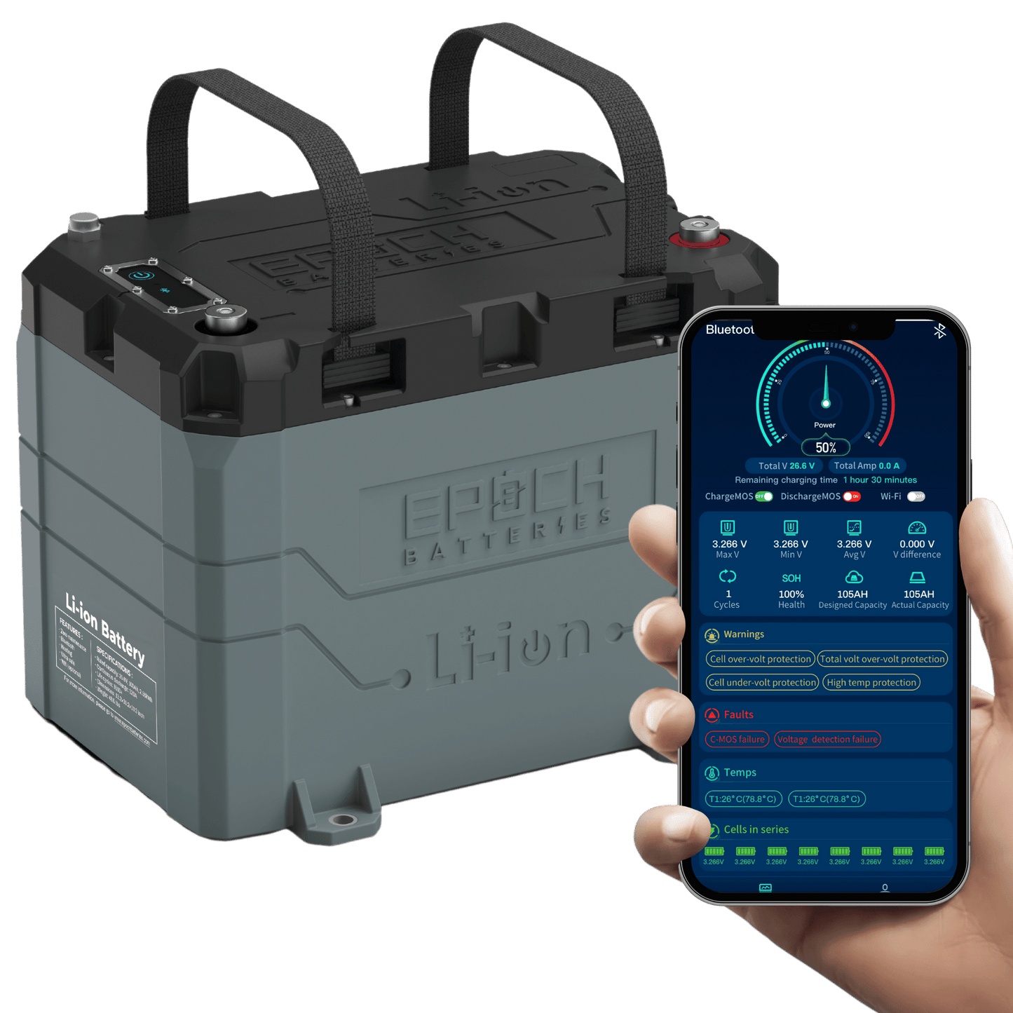 EPOCH 12V 100Ah LiFePO4 Lithium Battery - Bluetooth, Heating, Waterproof