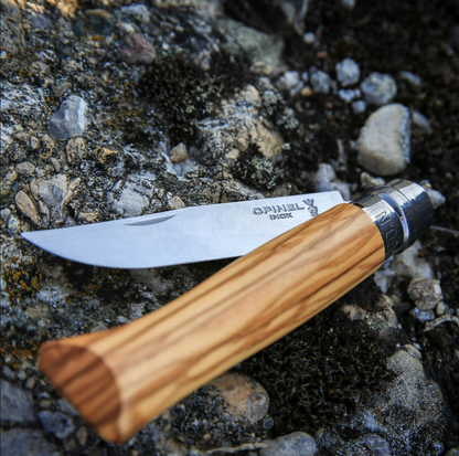 Opinel N°08 Olive Wood Folding Knife w Sheath - Gift Box Set