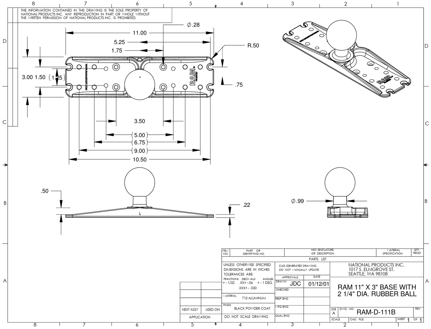 RAM Mounts - Large Marine Electronics Ball Adapter - D Size (RAM-D-111BU)
